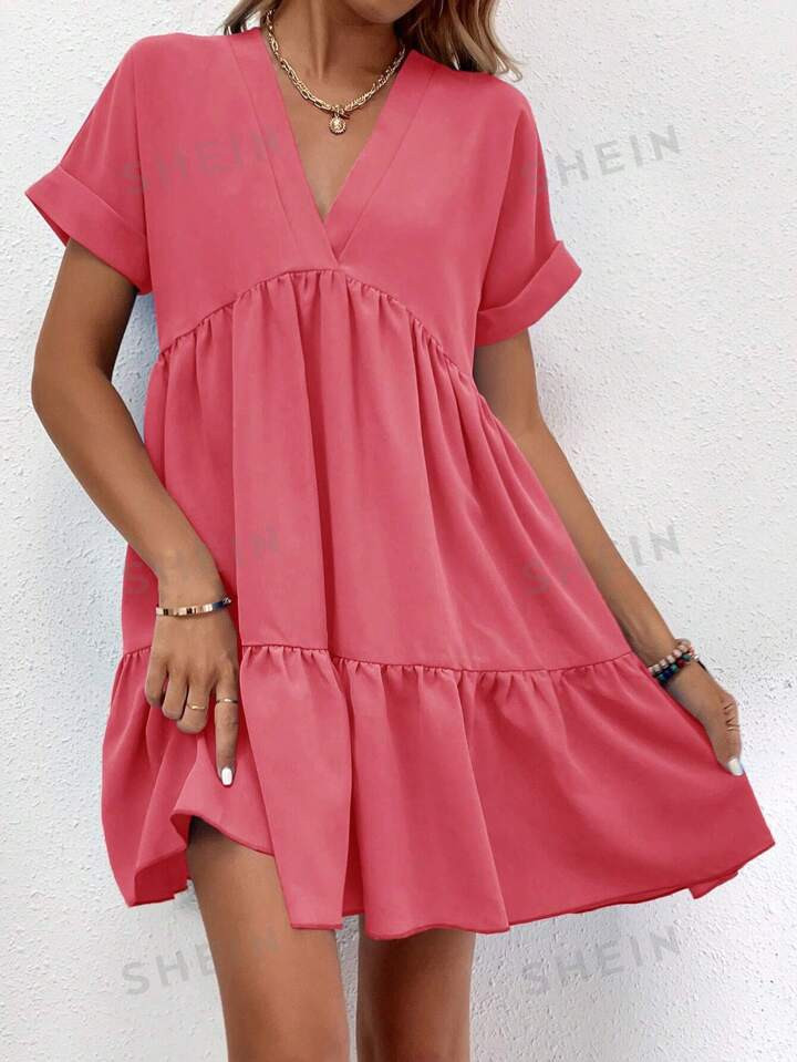 SHEIN LUNE Vacation Leisure Solid Color Batwing Sleeve Layered Dress | SHEIN