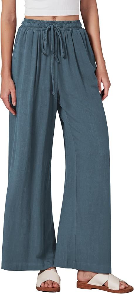 GRAPENT Wide Leg Pants Woman Linen High Waisted Pull On Flowy Casual Baggy Drawstring Palazzo Tro... | Amazon (US)