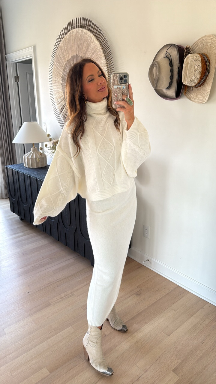 code BETSY works for 50% off pink lily lindy ivory sweater turtleneck and maxi skirt linked. i’m wearing a medium in both. 

#LTKHoliday #LTKSaleAlert #LTKGiftGuide