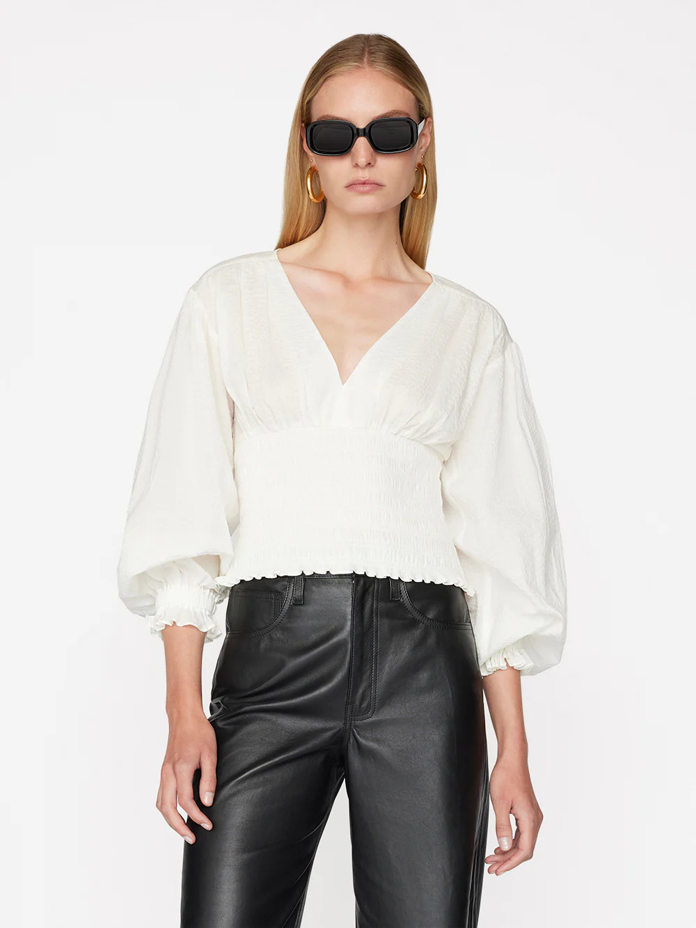 V-Neck Smocked Top -- Off White | Frame Denim