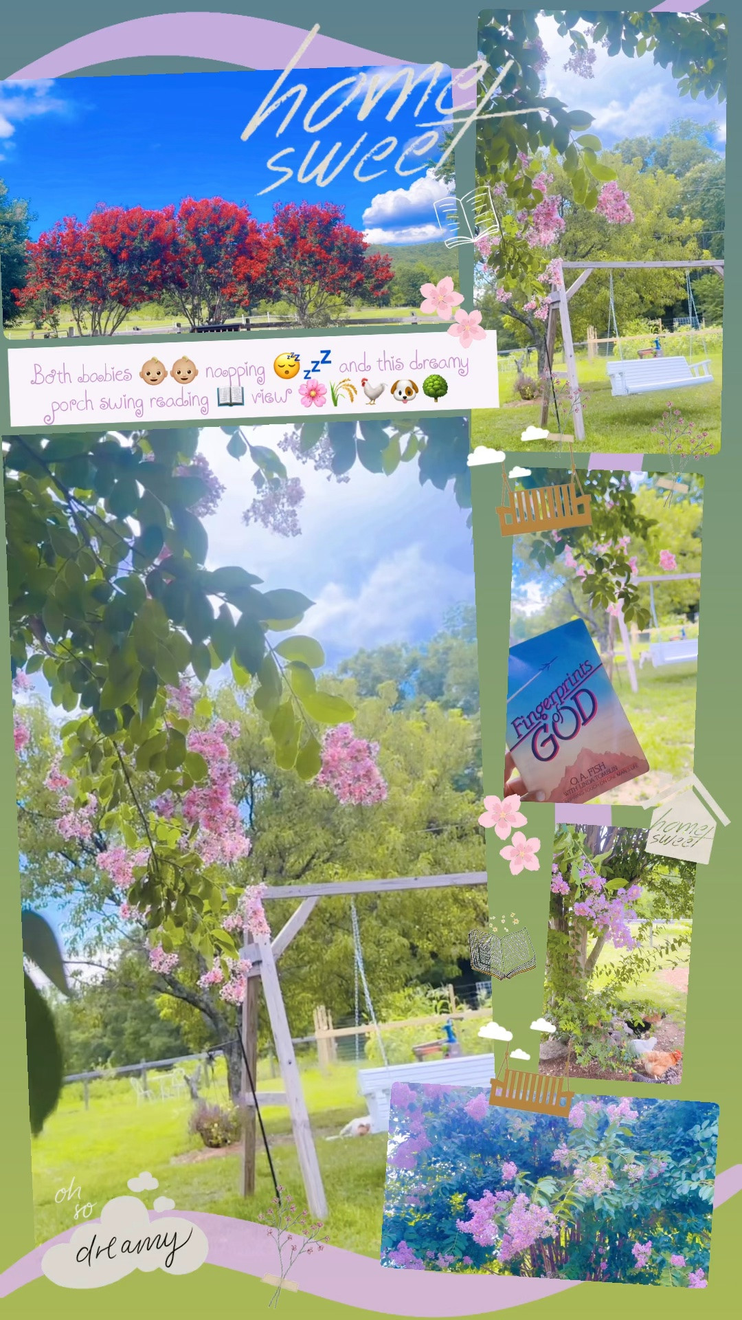 Both babies 👶🏼👶🏼 napping 😴💤 and this dreamy porch swing reading 📖 view 🌸🌾🐓🐶🌳