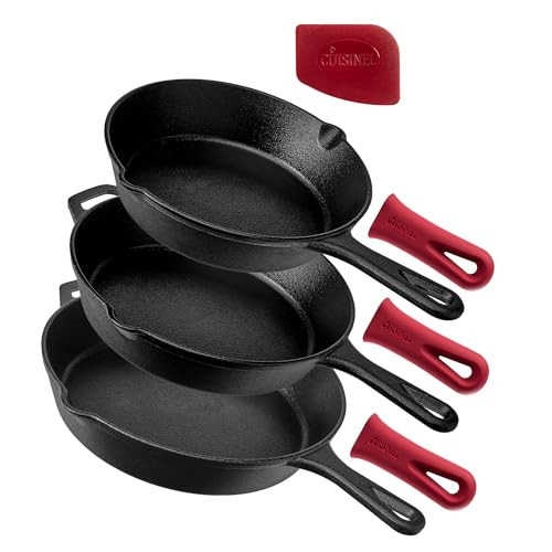 Cuisinel Cast Iron Skillet Set - 8" + 10" + 12"-Inch Pre-Seasoned Frying Pans + Silicone Handle Grip Covers - Indoor/Outdoor, Oven, Grill, Stove, BBQ, Fire, Induction Safe Kitchen and Camping Cookware | Amazon (US)