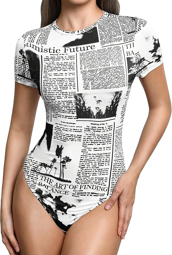 WDIRARA Women's Newspaper Print Short Sleeve Round Neck Tummy Control One Piece Bodysuit Casual T... | Amazon (US)