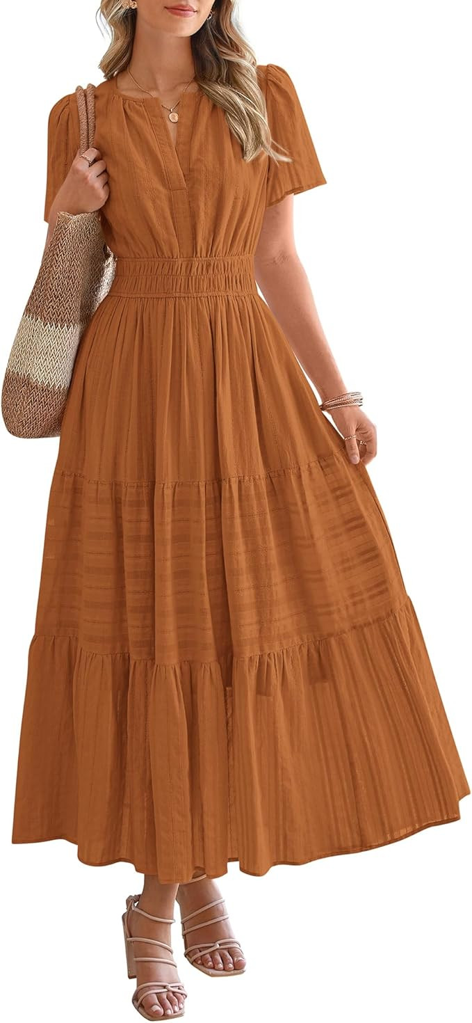 BTFBM Womens Summer 2026 Casual Midi Maxi Dresses Lightweight Short Sleeve V Neck Elastic Waist B... | Amazon (US)