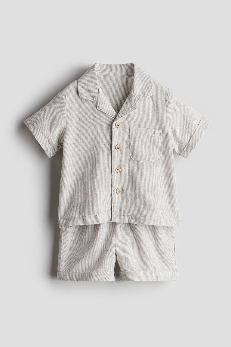 2-piece Linen Set - Regular waist - Short sleeve - Light beige/white striped - Kids | H&M US | H&M (US + CA)