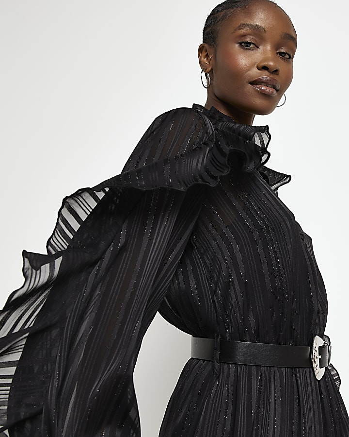 Black stripe frill belted midi dress | River Island (UK & IE)