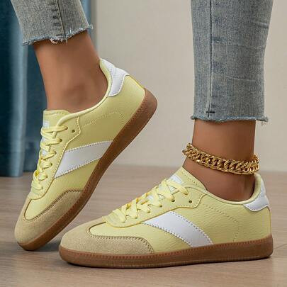 2025 New Women Yellow Lace-Up Walking Sneakers, Retro Versatile Breathable Lightweight Running Shoes, Cross-Border Supply | SHEIN