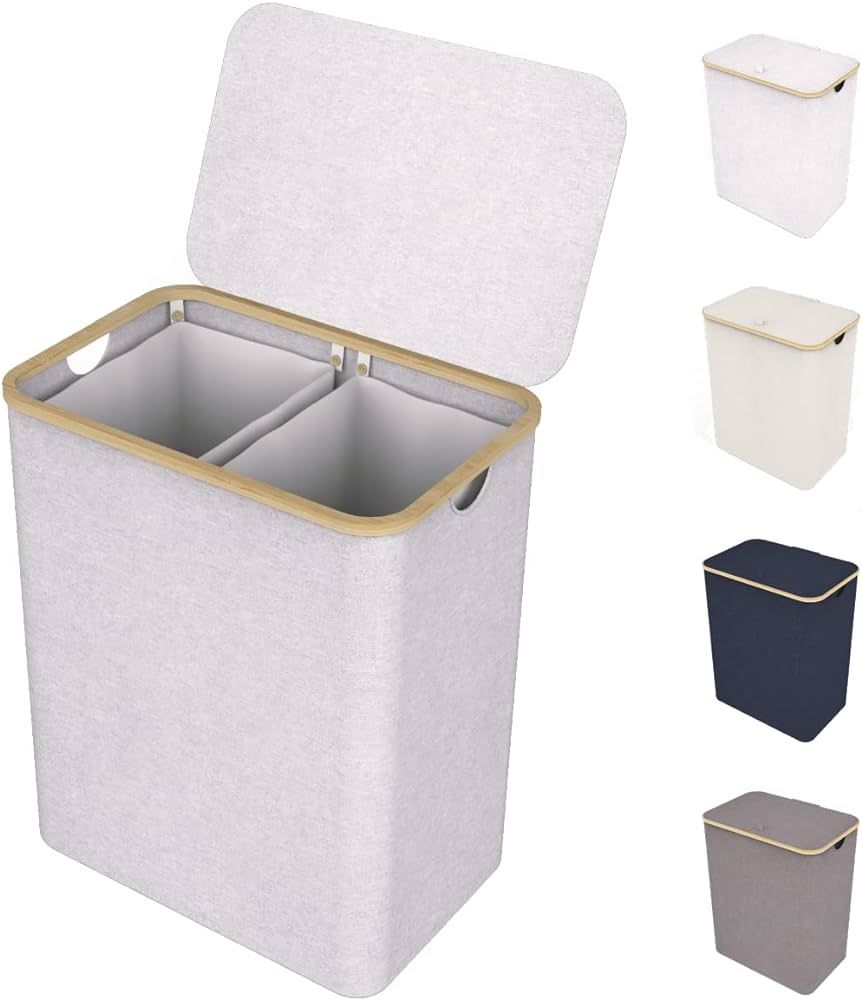 Lonbet - Light Gray Double Laundry Hamper with Lid, 2 Sections and Removable Bags, Hamper for Lau... | Amazon (CA)