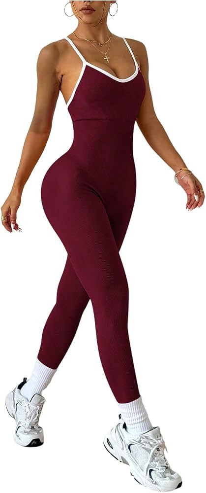 WDIRARA Women's Crisscross Sleeveless Bodycon Cami Jumpsuit Seamless Backless Workout Yoga Pants ... | Amazon (US)