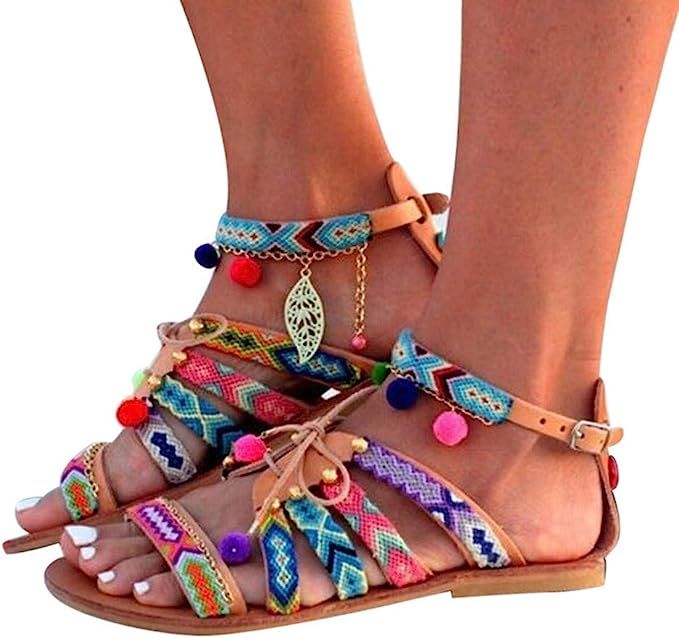 Platform Sandals for Women Prime Gibobby Sandal Boho Cross Summer Flat Shoes Beaded Slippers Casu... | Amazon (US)