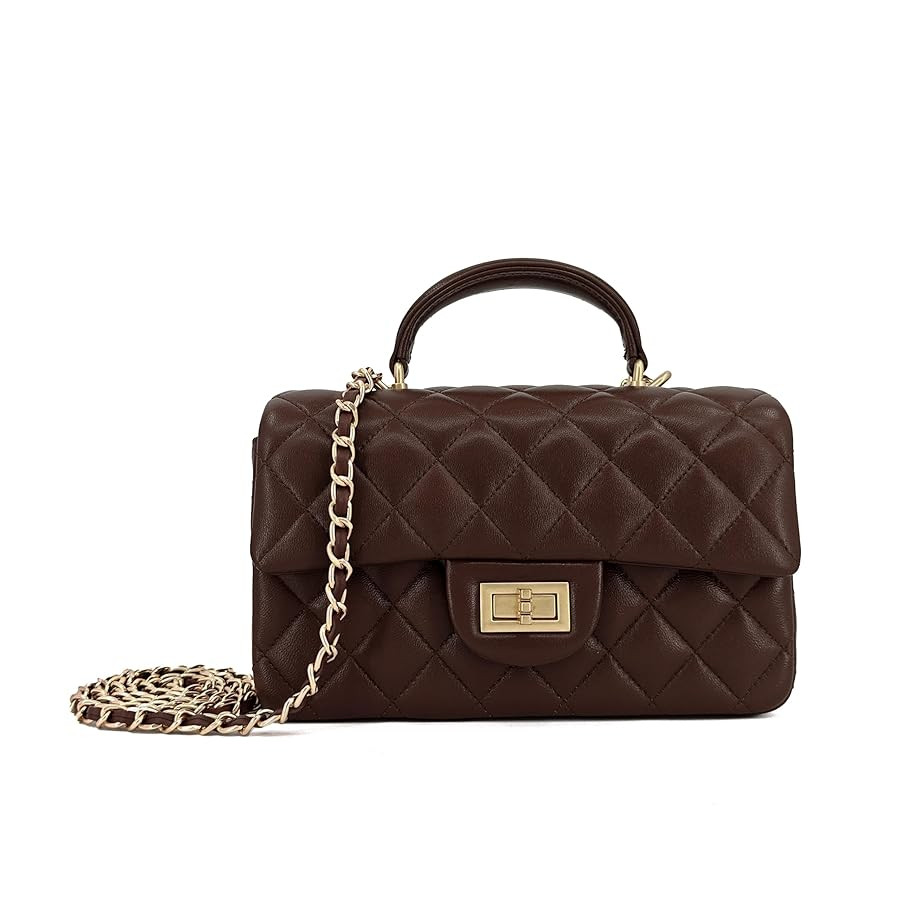 Small Quilted Crossbody Bags for Women, Genuine Leather Shoulder Bag w/Gold Chain Strap, Mini Top... | Amazon (US)