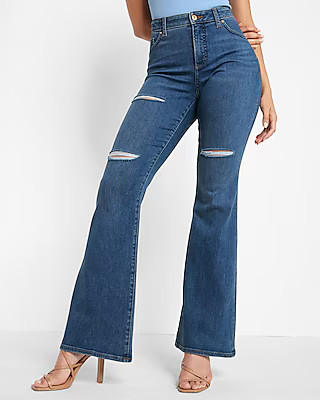Curvy Conscious Edit High Waisted Dark Wash Ripped Flare Jeans | Express