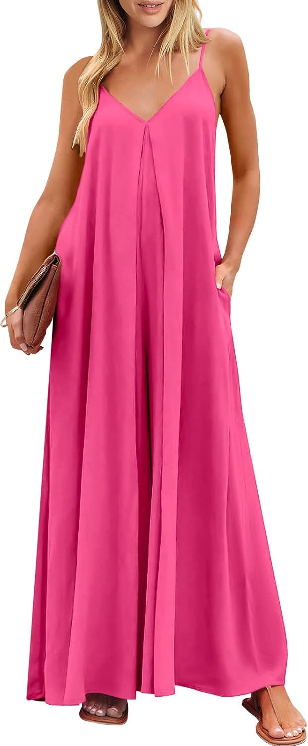ANRABESS Women's Summer Casual Spaghetti Strap V Neck Oversized Wide Leg Jumpsuit Pockets Beach T... | Amazon (US)