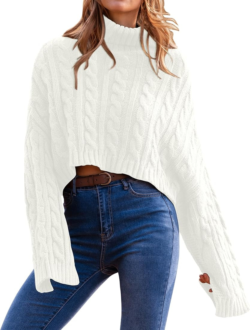 Women's Turtleneck Batwing Long Sleeve Crop Sweater 2023 Fall Chunky Cable Knit Cute Pullover Jum... | Amazon (US)