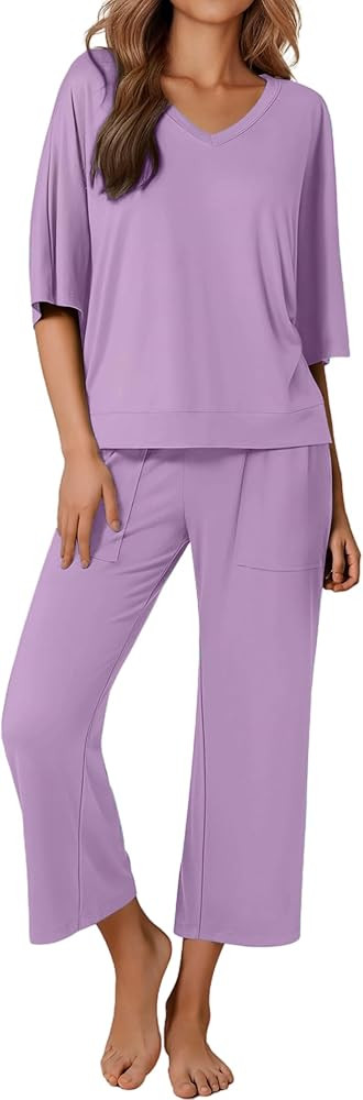 Ekouaer Womens Pajama Sets Lounge Sets for Women Two Piece Outfits Short Sleeve Tops and Wide Leg... | Amazon (US)
