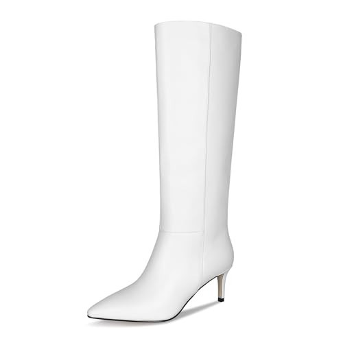 Wetkiss Knee High Stiletto Boots - White, Pointed Toe, Thigh High, Wide Calf | Amazon (US)