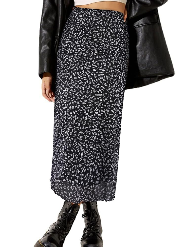 Avanova Women Mesh Floral Boho High Waist Midi Skirt Lettuce Trim Summer A Line Skirt | Amazon (US)