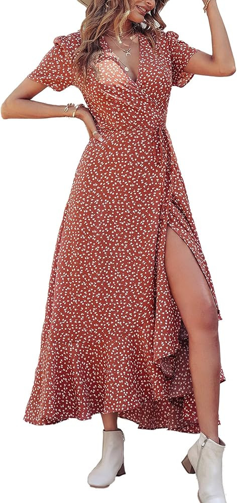 PRETTYGARDEN Women's Summer Wrap Maxi Dress Casual Boho Floral V Neck Short Sleeve Ruffle Hem Spl... | Amazon (US)