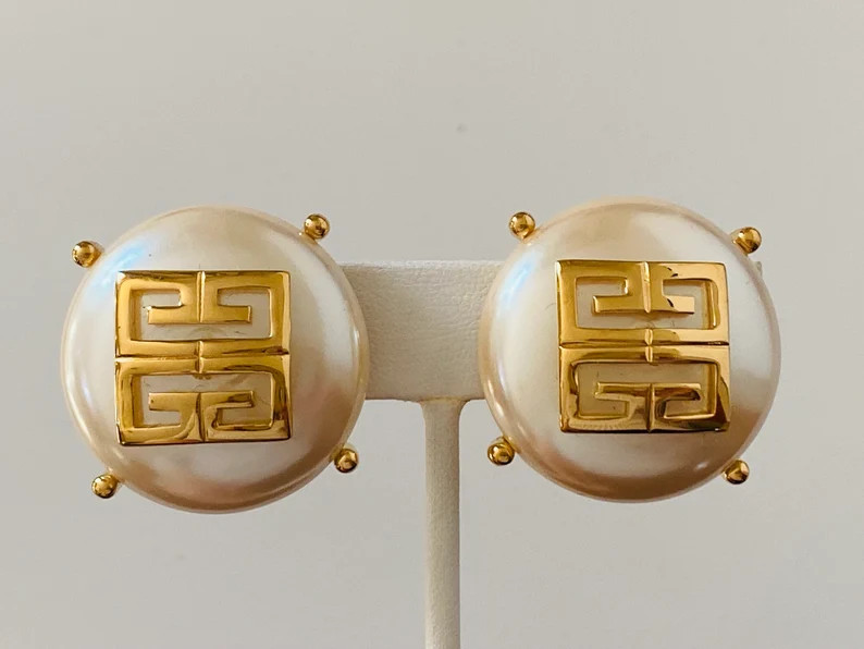 Givenchy Vintage Huge Faux Pearl Logo Button Clip Earrings - Etsy | Etsy (US)