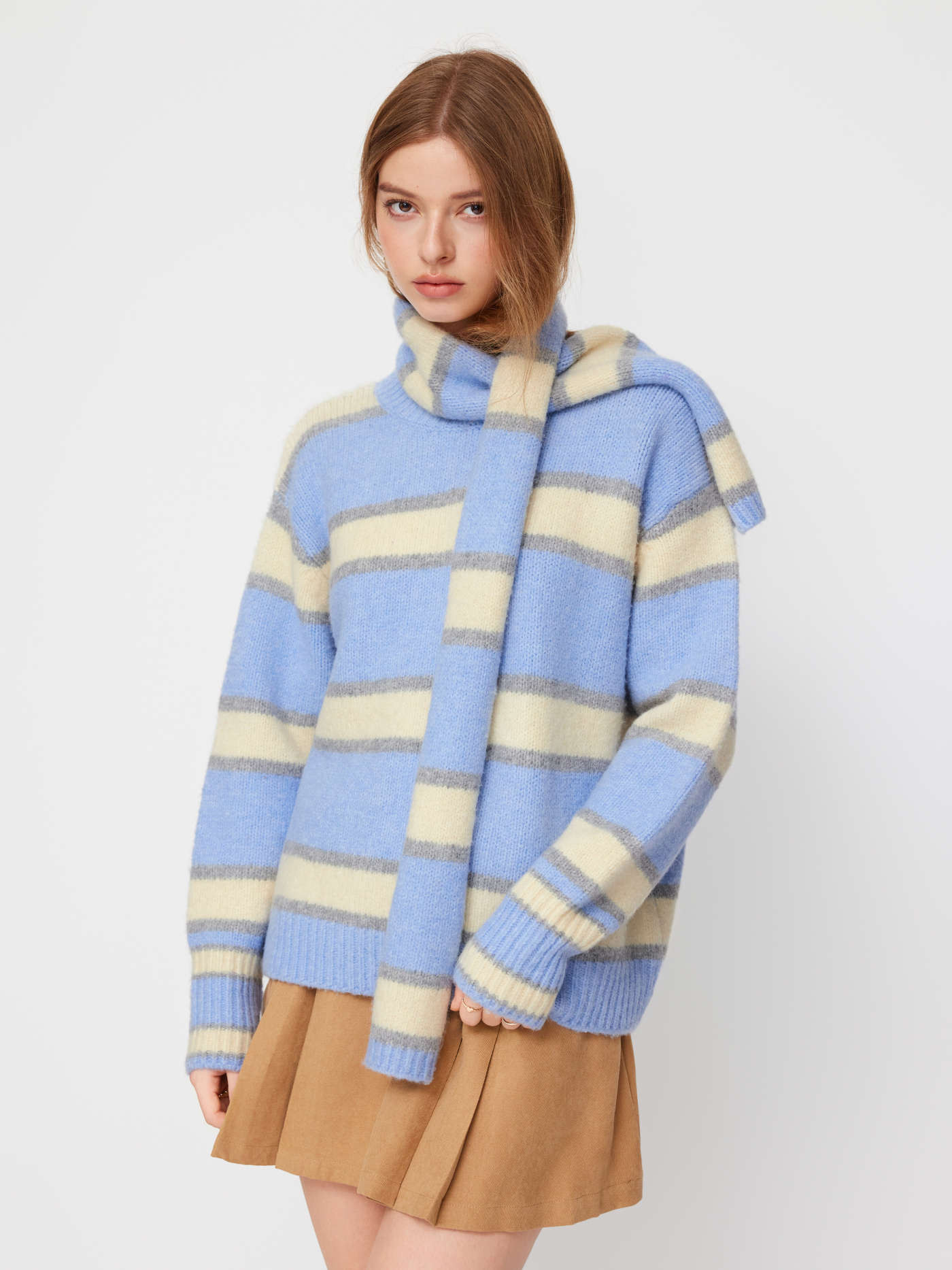 Knit Wool-blend Round Neckline Striped Sweater With Scarf... | Cider