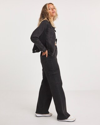 Black High Rise Straight Leg Denim Cargo | Simply Be (UK)
