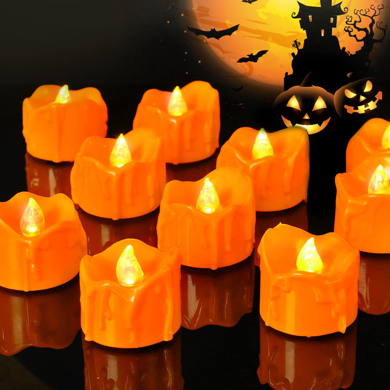 Halloween 12 Pack Orange Tea Lights, Small Dripping Candles, Battery Operated LED Tealights, Mini... | Amazon (US)