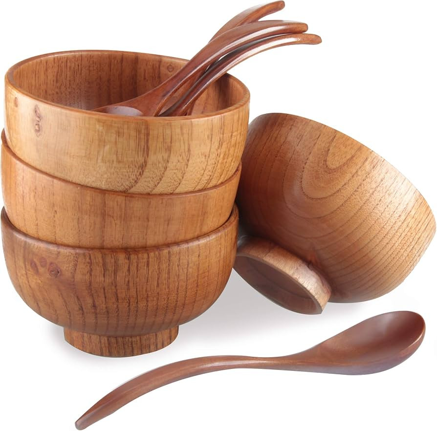 Handmade Wood Bowls,Jujube Wooden Japanese Bowl with Matching Spoon for Rice, Soup,Dip,Salad,Tea,... | Amazon (US)