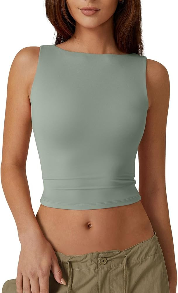 QINSEN Women's Sexy Open Back Sleeveless Crop Tank High Neck Slim Fit Cropped Tee Shirt Y2k Tops | Amazon (US)