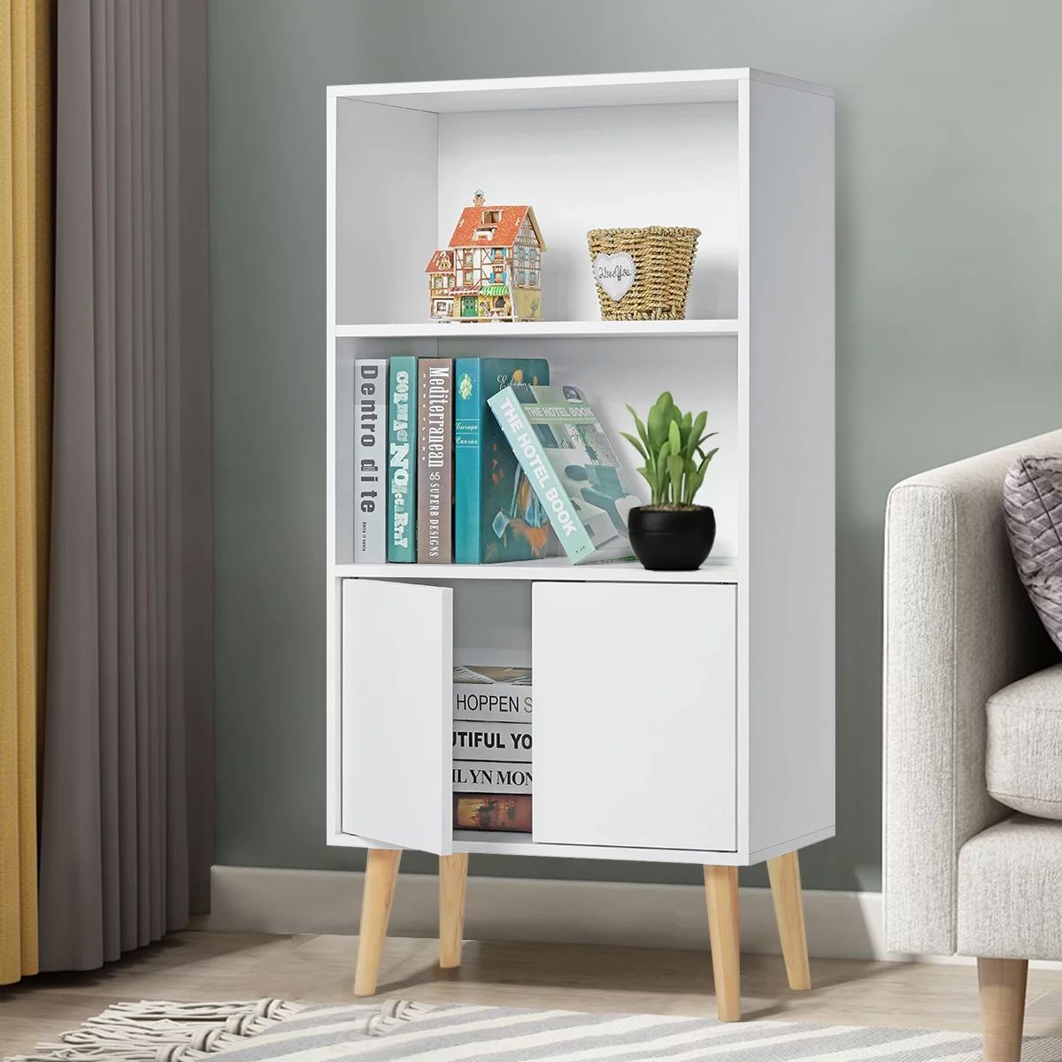 Insma Book Shelves and Bookcases Bookshelf with 2 Doors Cabinet, Wooden Free Standing Unit Displa... | Walmart (US)