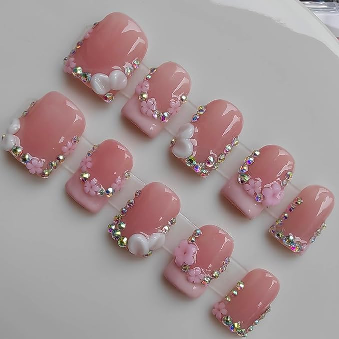 Handmade Short Press on Nails Square Press-on Nails Nude Base with Flower and Rhinestones Design ... | Amazon (US)