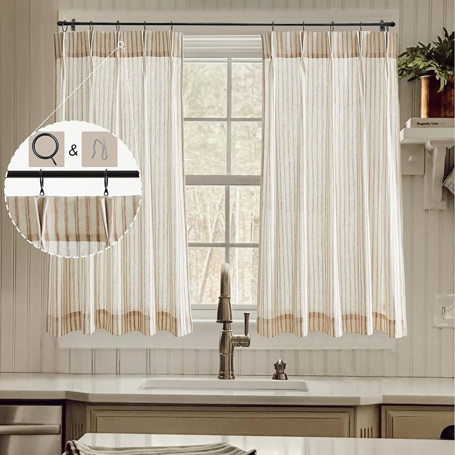 Cafe curtains 36 inch length for Over Sink,Striped Tier Ticking Stripe Linen Curtain Rings with H... | Amazon (US)