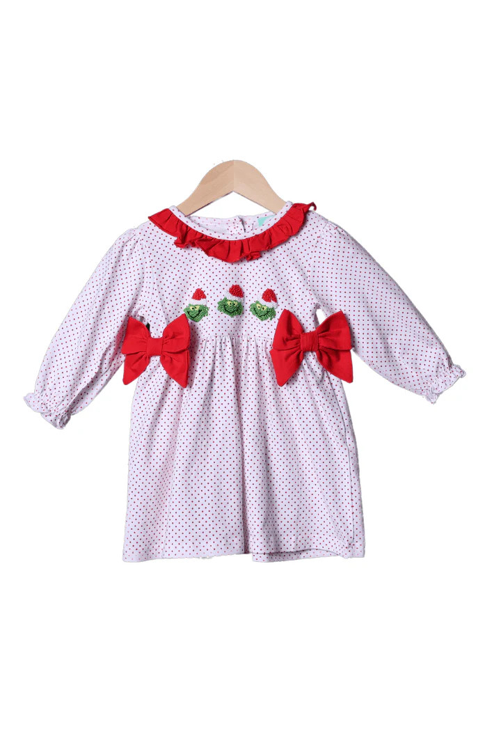 French Knot Grouch Red Bitty Dot Dress | The Smocked Flamingo