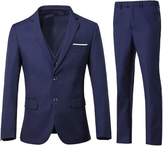 Holivyer Men's 3 Piece Slim Fit Suit Set, Two Button Blazer Solid Jacket Vest Pants Wedding Busin... | Amazon (US)