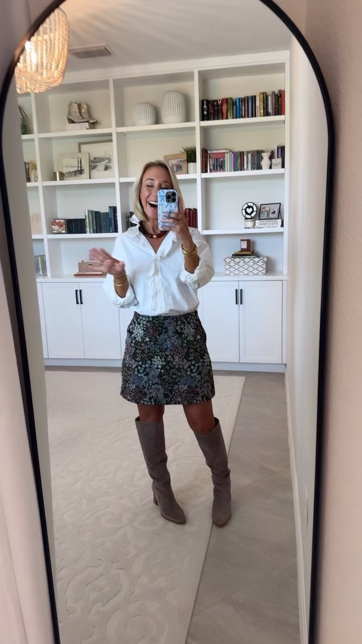 Walmart - more new fall arrivals. High-Rise Jacquard Mini Skirt - size 0. $28. * Ruffle Neck Cotton Button Shirt - size XS. $26. 2 colors. * Tall Boots - mine are old, but I linked a few similar brands. 

#LTKSaleAlert#LTKSeasonal#LTKOver40