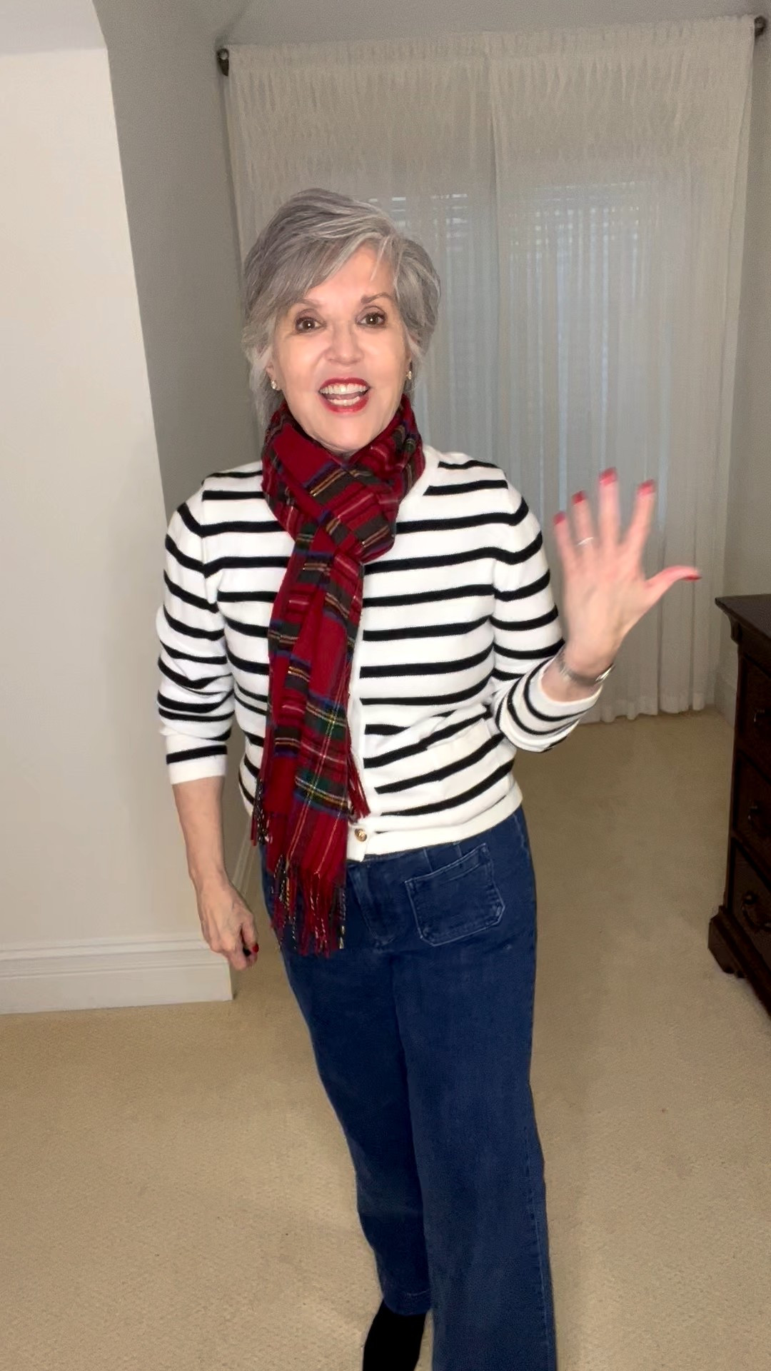 Want the perfect cold weather look? Mix a striped lady sweater (pretty gold buttons) with a pair of wide leg dark wash jeans. Loop a plaid scarf 🧣 around your neck and add black suede booties .

#LTKOver40 #LTKootd #LTKgrwm