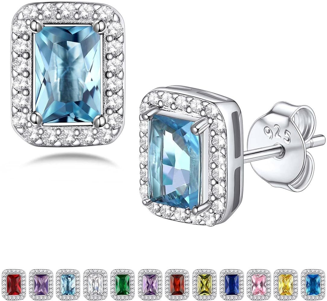 Bestyle Sparkling 925 Sterling Silver Birthstone Stud Earrings for Women, Heart/Round/Teardrop/Sq... | Amazon (US)