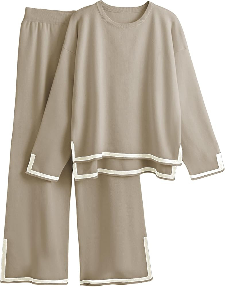 Faleave Women's Knit 2 Piece Outfits Long Sleeve Sweater Pullover Tops Wide Leg Pants Tracksuits ... | Amazon (US)