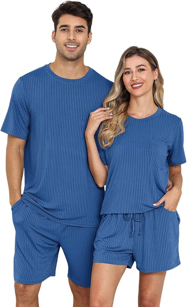 EISHOPEER Matching Pajamas for Couples 2 Piece Lounge Set Ribbed Knit Pajama Matching Tops and Sh... | Amazon (US)