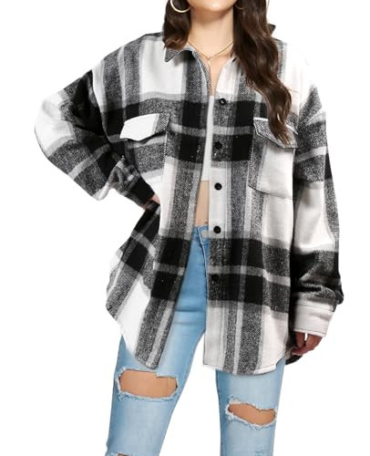 SHEJIZE Women's Casual Shacket Jacket Plaid Shirts Flannel Blouses Button-Down Shirts Grey | Amazon (US)