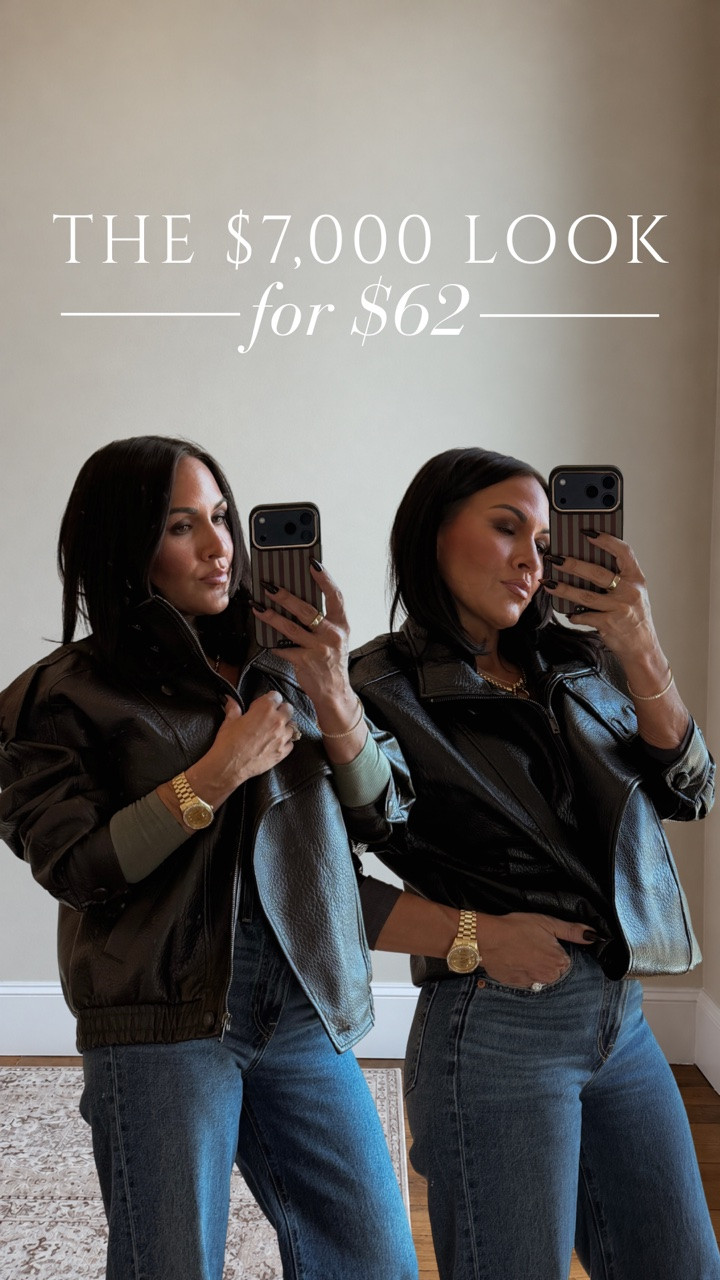 Okay THIS is why I love finding the look for less. 😮‍💨

The designer version is over $7,000… this one is $62 and I genuinely had to double check the fabric because the quality had me convinced it was real leather.

It’s vegan leather, the shape is SO good, and I’m calling it now… this bomber is going to steal the show all fall + winter. 🖤

$7,100 or $62… which are you choosing? 😂