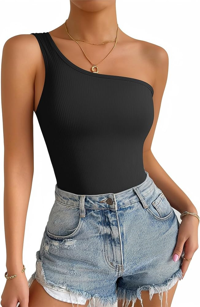 ALGALAROUND One Shoulder Tops for Women Cute Summer Ribbed Sleeveless T Shirt Slim Fitted Casual ... | Amazon (US)