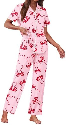 Ekouaer Women's Pajama Sets Button Down Loungewear Short Sleeve Sleepwear 2 Piece Pants Pjs Set w... | Amazon (US)