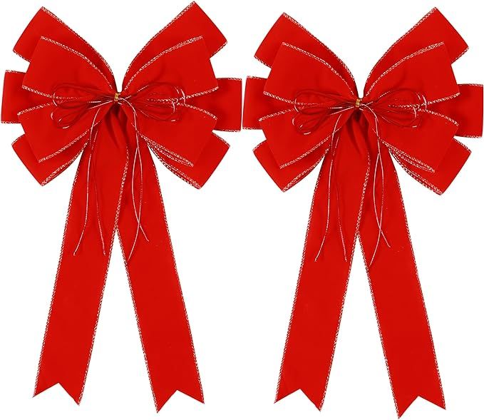 2 Pack Red Christmas Bows Outdoor Decorations,12”x20” Large Velvet Wreath Bow with Glitter St... | Amazon (US)