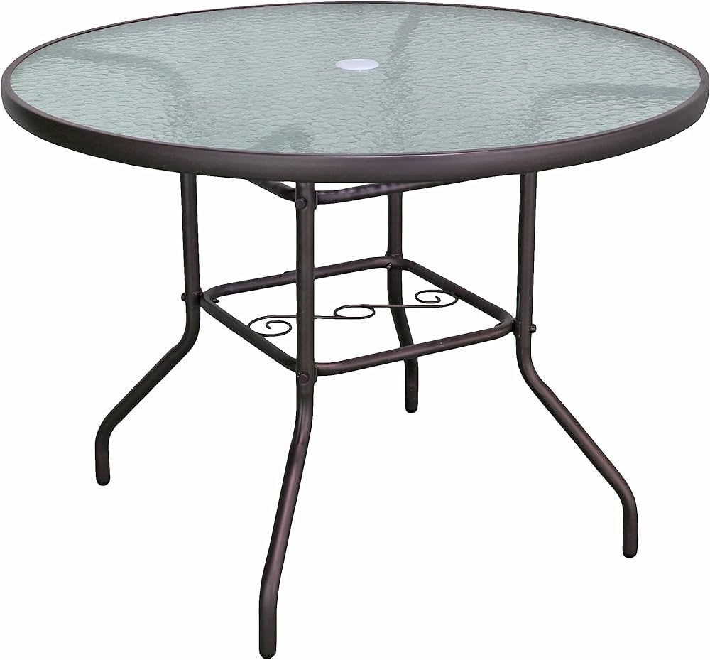 Garden Elements Sienna Metal Round Patio Glass Top Table, 40" (Brown) | Amazon (US)