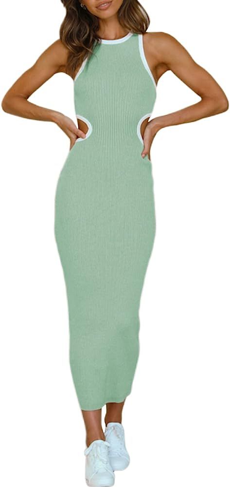 Linsery Women's Casual Sleeveless Bodycon Dresses Hollow Out Slim Wrap Short Tank Side Split Dress | Amazon (US)