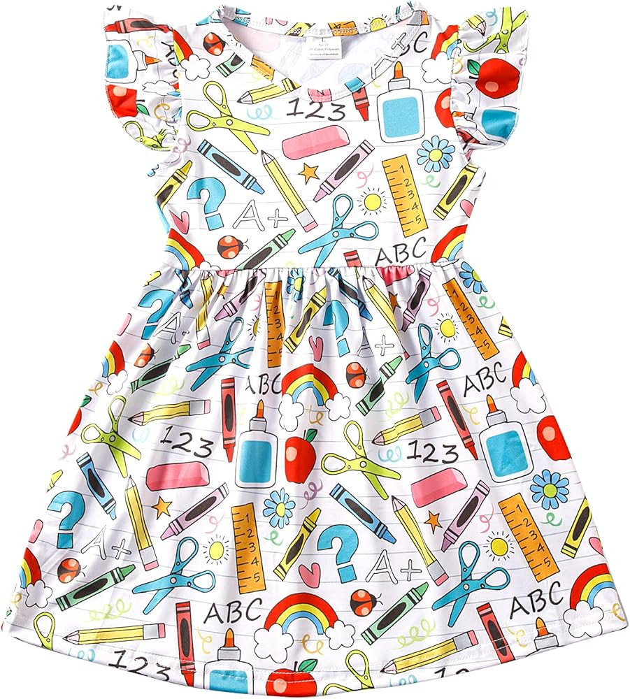 Toddler Girls Back to School Apple Pencil Dress Causal Flutter Sleeve Ruffle Bottom Dress Summer ... | Amazon (US)