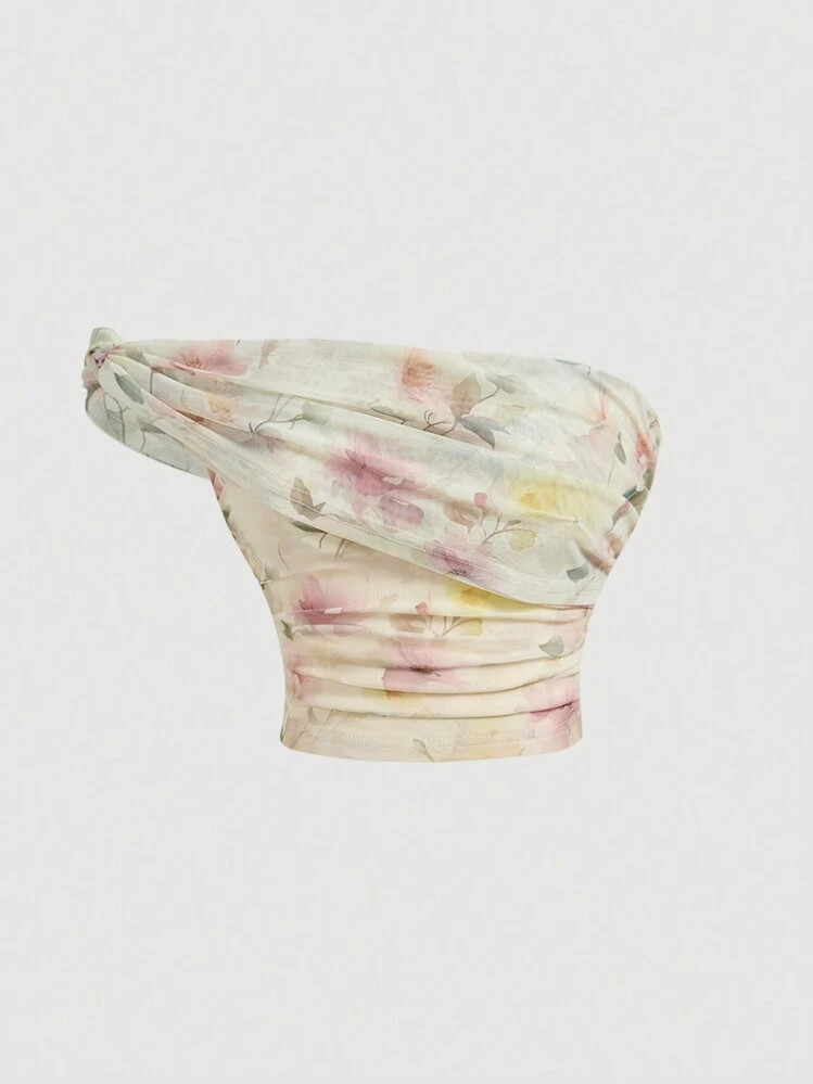 SHEIN MOD Women's Vintage Floral Knitted One Shoulder Twist Pleated Top,Beach Top,Sexy Top | SHEIN