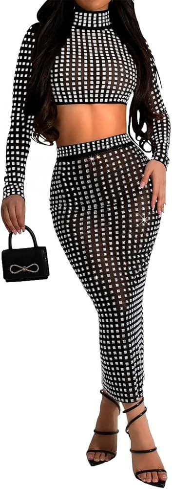 Womens Sexy 2 Pieces Luxurious Rhinestones Mesh Tank Tops Bodycon Skirts Party Clubwear Dress Out... | Amazon (US)