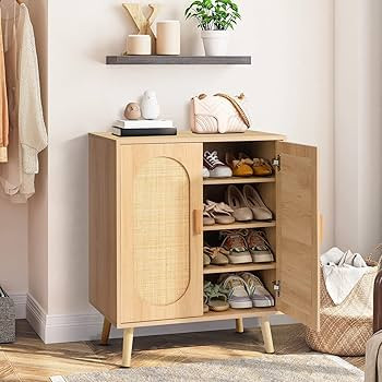 Modern Rattan Shoe Storage Cabinet, Double Doors and Adjustable Shelves, Entryway Shoe Cabinet, A... | Amazon (US)