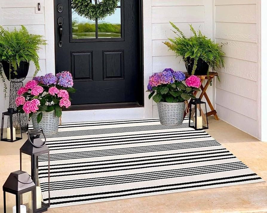 BUAGETUP Black and White Outdoor Rug 3'x 5' Cotton Woven Washable Rug Striped Front Porch Rug Are... | Amazon (US)